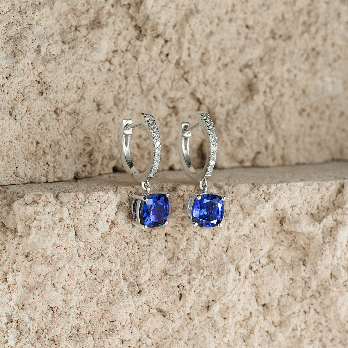 Astra 4.70t Lab Sapphire and Diamond Drop Cushion Cut Earrings in Silver